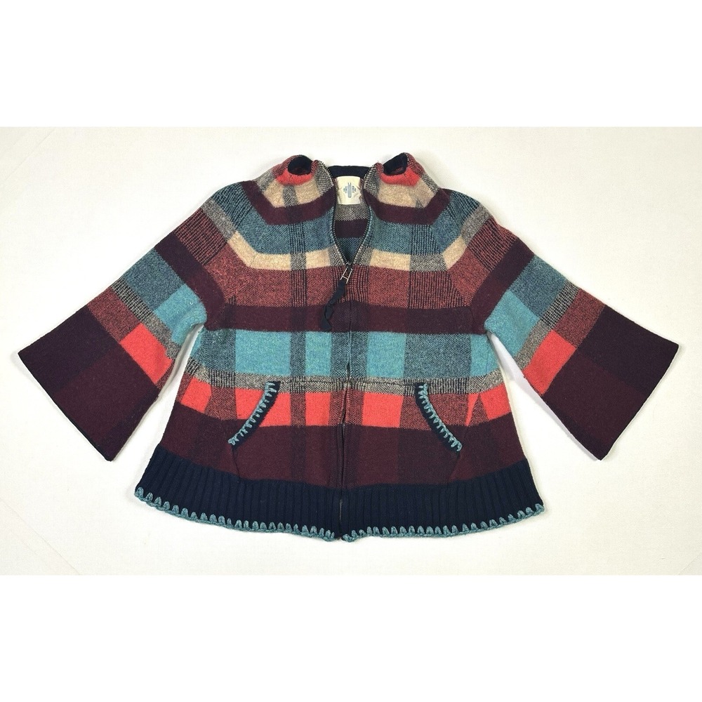 HWR Monogram Cardigan Women's XS Plaid Full Zip Wool Blend Sweater Red Blue